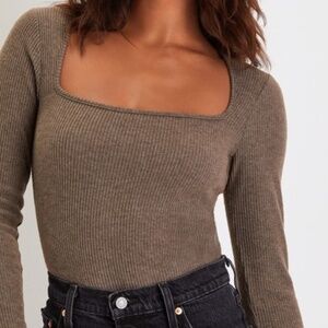 Lulus Feels Like Fate Heather Olive Green Ribbed Long Sleeve Bodysuit - Size M